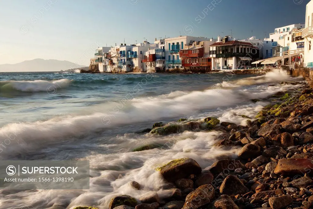 Little Venice and the waves on a windy day, Mykonos, Cyclades Islands, Greek Islands, Greece, Europe.