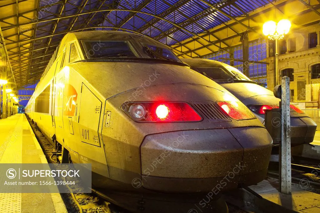 A TGV awaits departure at the Gare de Tours in Tours, France.