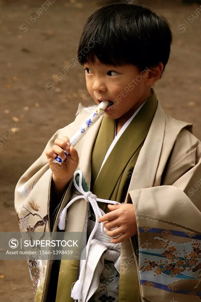 Japanese boy at Shichi-Go-San, literally seven-five-three, a traditional rite of passage in Japan held annually on November 15. Shichi-Go-San is not a...
