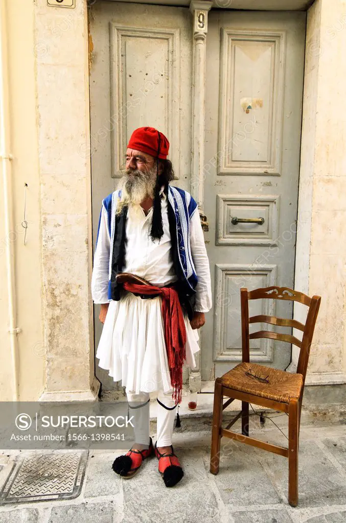 Greek man dressed like an evzone guard in Rethymno - Crete, Greece.