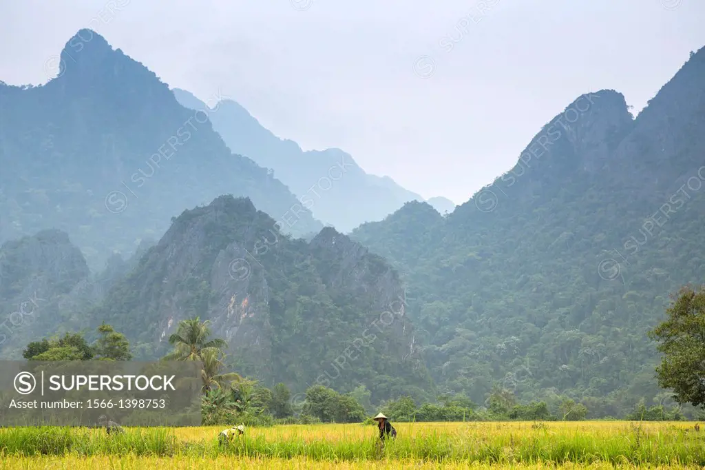 Farmers work the land in the countryside around Vang Vieng, Laos.