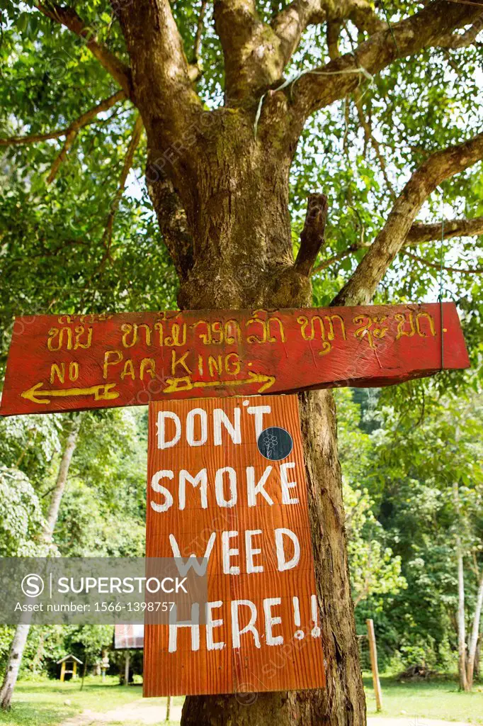 Public Notice in Vang Vieng, Laos ""Don't Smoke weed Here!"".
