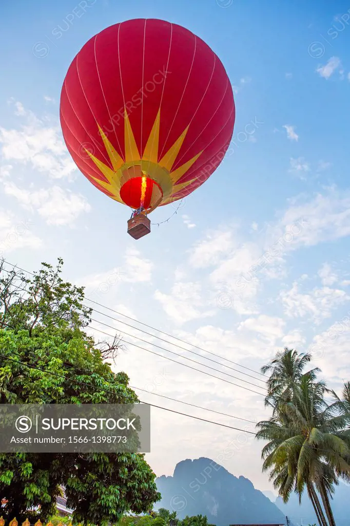 Hot air balloon above Vang Vieng, Laos.