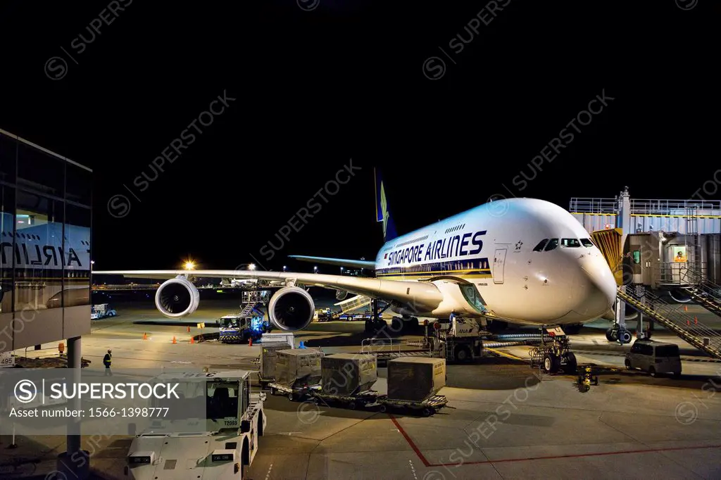 Airbus A380 Jet airliner loaded at gate_Narita Airport_near Tokyo_Japan.