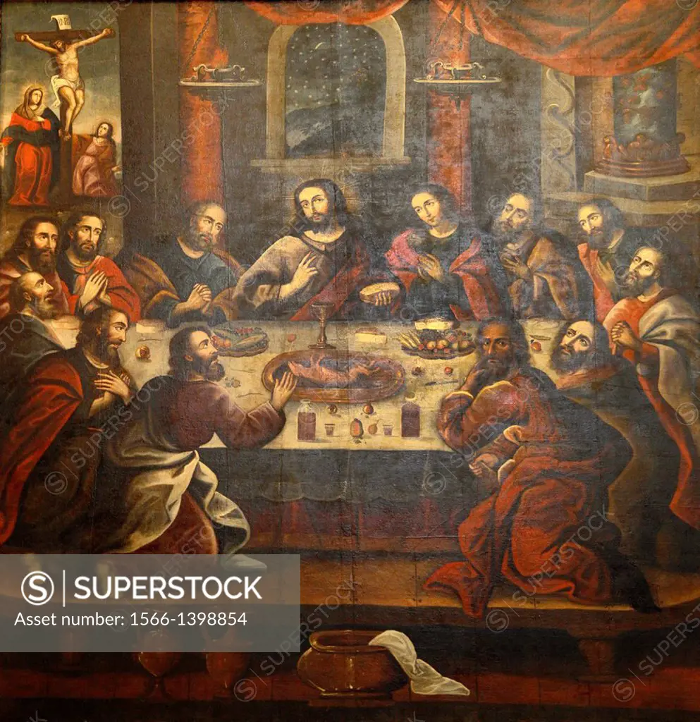 The Last Supper painting by Marcos Zapata in the Cathedral at Plaza de Armas, Cuzco, Peru.