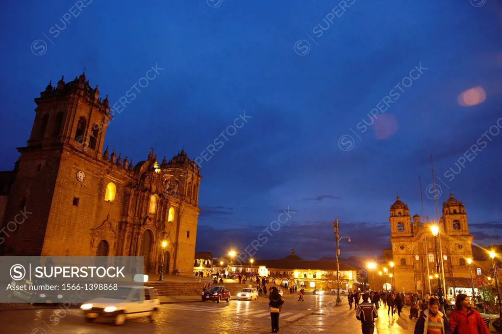 Plaza de Armas with the Cathedral and Iglesia de la Compania de Jesus church, Cuzco, Peru.