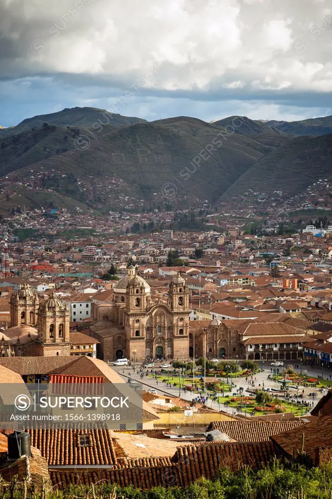 Elevated view over Cuzco and Plaza de Armas, Cuzco, Peru.