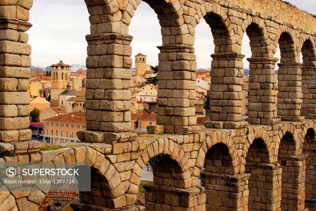 View of the aqueduct of Segovia, Spain.