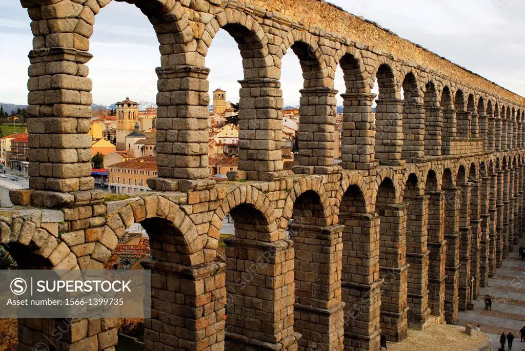 View of the aqueduct of Segovia, Spain.