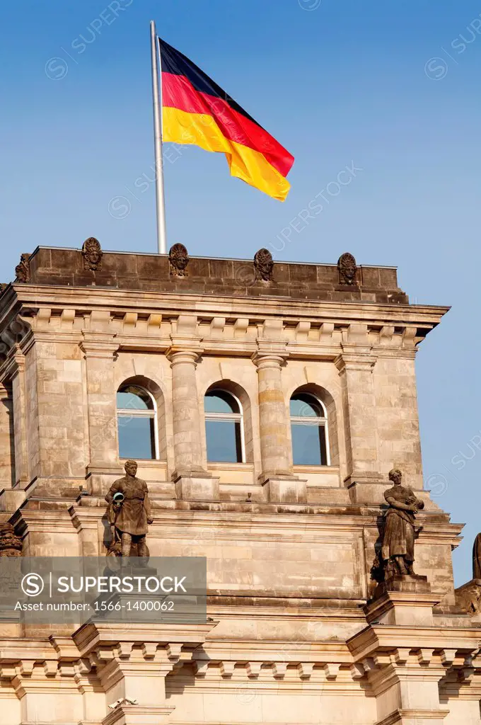 Germany, Berlin, Reichstag, Detail Facade, Flag.