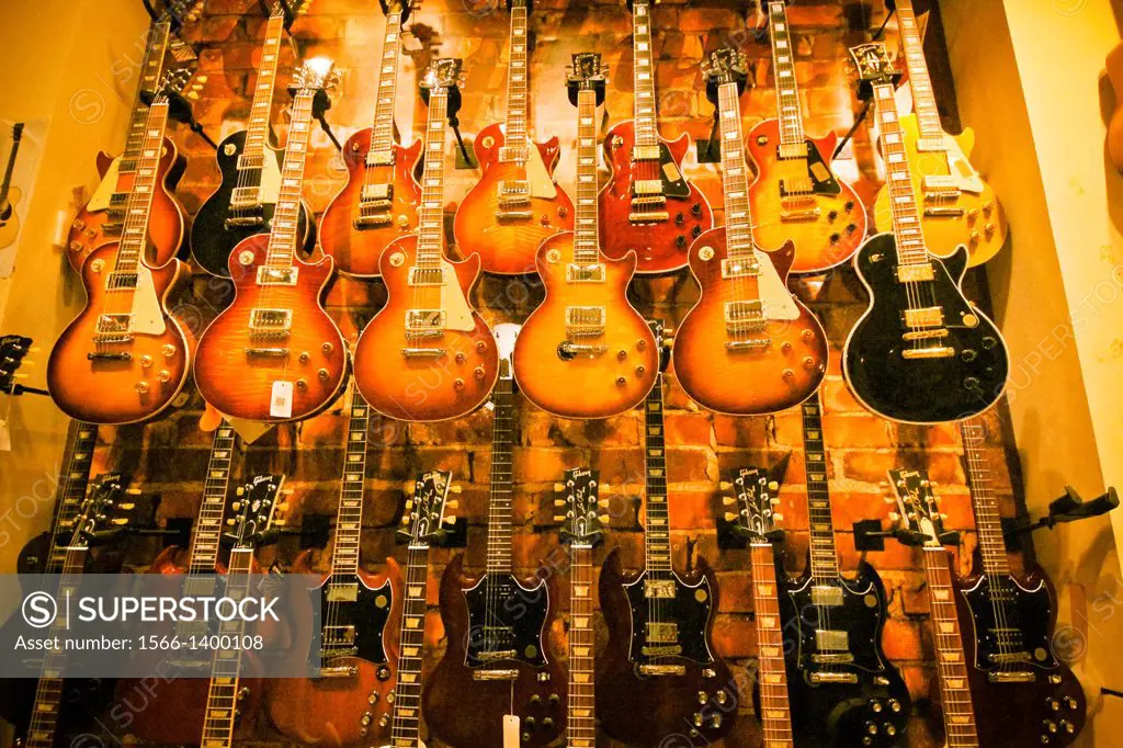 Display of guitars in a guitar store
