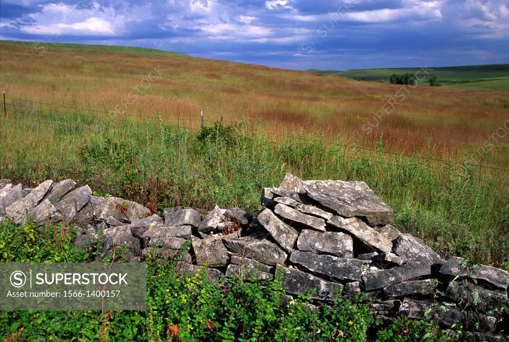 Limestone wall on Southwind Nature Trail, Tallgrass Prairie National Preserve, Flint Hills Scenic Byway, Kansas.