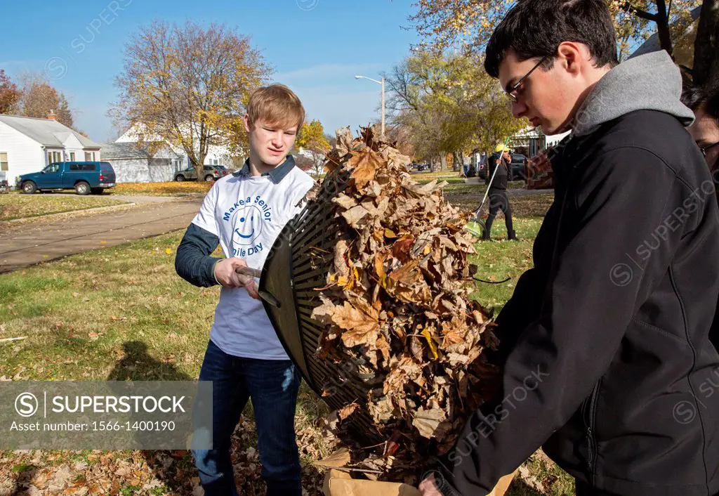 Garden City, Michigan - High school student volunteers rake leaves for senior citizens as part of ""Make a Senior Smile Day"" in a Detroit suburb.