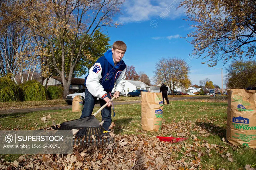 Garden City, Michigan - High school student volunteers rake leaves for senior citizens as part of ""Make a Senior Smile Day"" in a Detroit suburb.