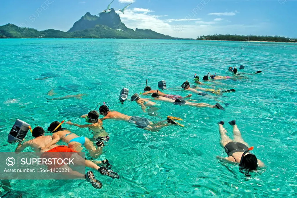 baignade dans le lagon de Bora-Bora,iles de la Societe,archipel de la Polynesie francaise,ocean pacifique sud