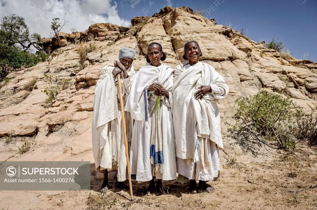 Three old women celebrating Orthodox Easter, Tigray, Ethiopia, Africa.