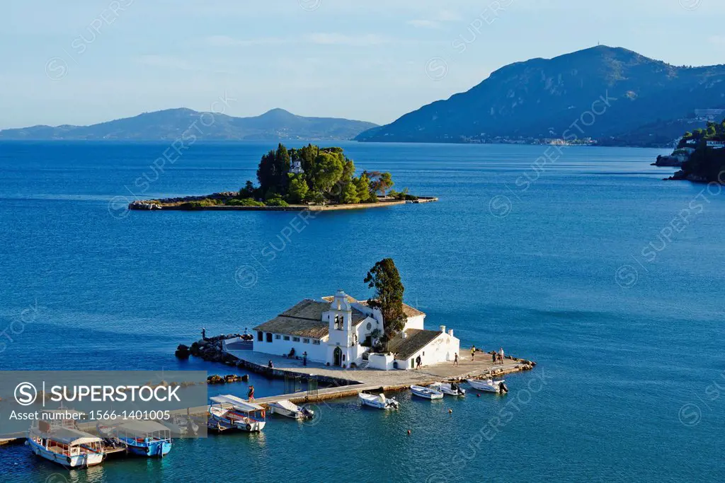 Greece, Ionian island, Corfu island, Kanoni, Vlacherna Monsatery and Pontikonissi island.