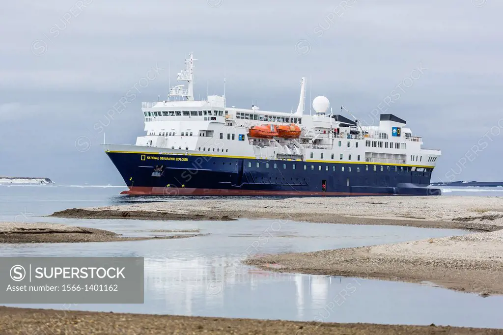 The Lindblad Expedition ship National Geographic Explorer operating in Augustabukta, Nordauslandet, in the Svalbard Archipelago, Norway.