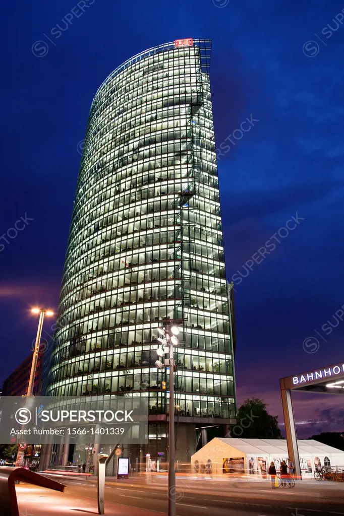 Skyscraper in Potsdamer Platz Square, Berlin; Germany; Illuminated at Night.