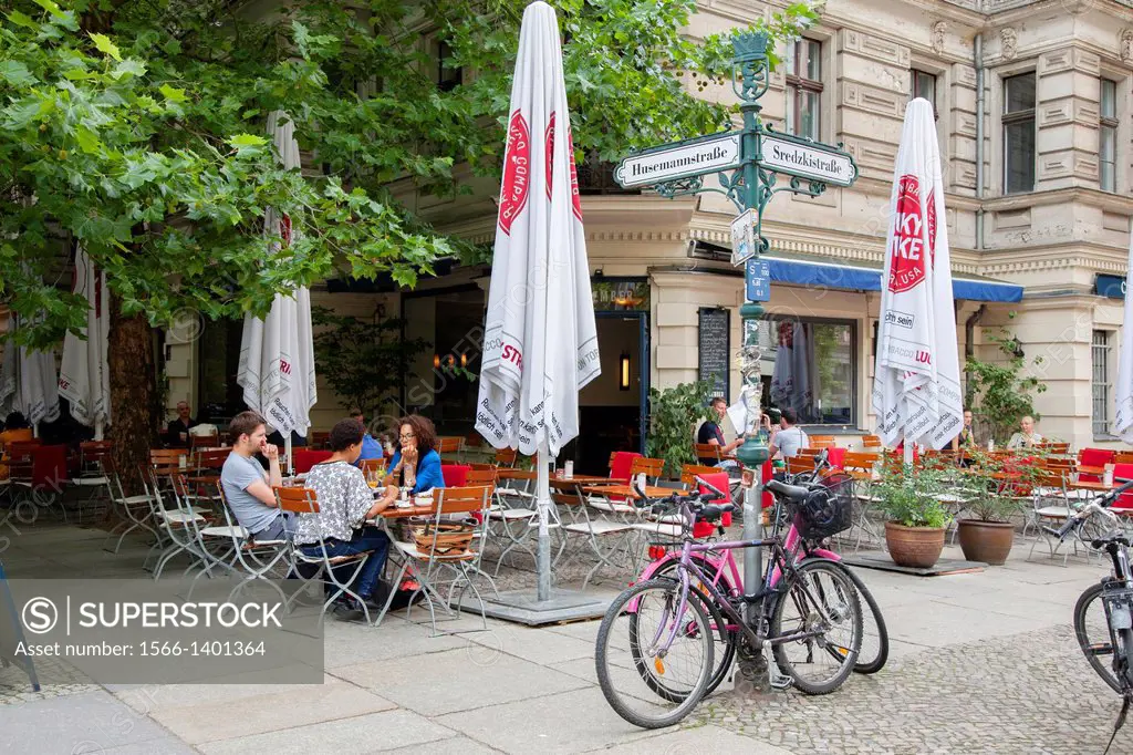 Cafe and Bar Terrace, Prenzlauer Berg Neighbourhood, Berlin, Germany.