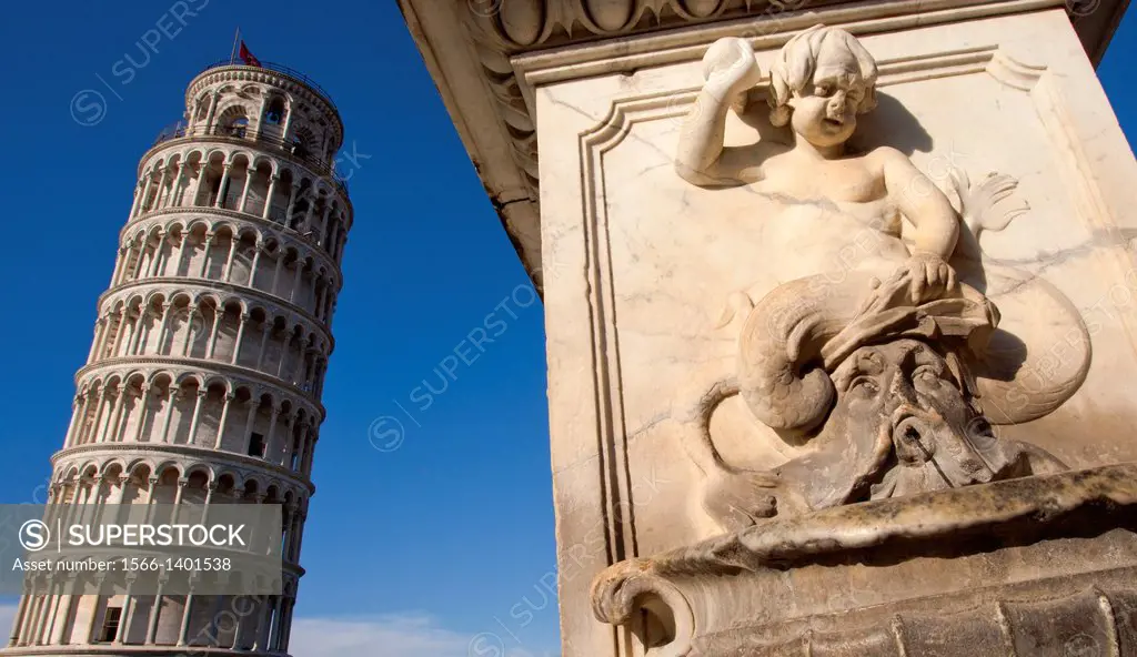 The Leaning Tower of Pisa campanile or bell tower, Fontana dei Putti, Cathedral Square Piazza del Duomo, Pisa, Italy, Europe.