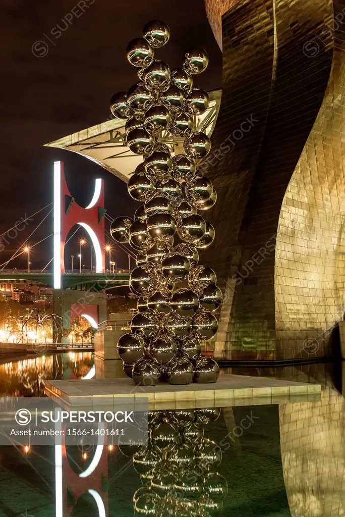 Guggengeim Art Museum of Bilbao by night, Biscay, Basque Country, Spain.