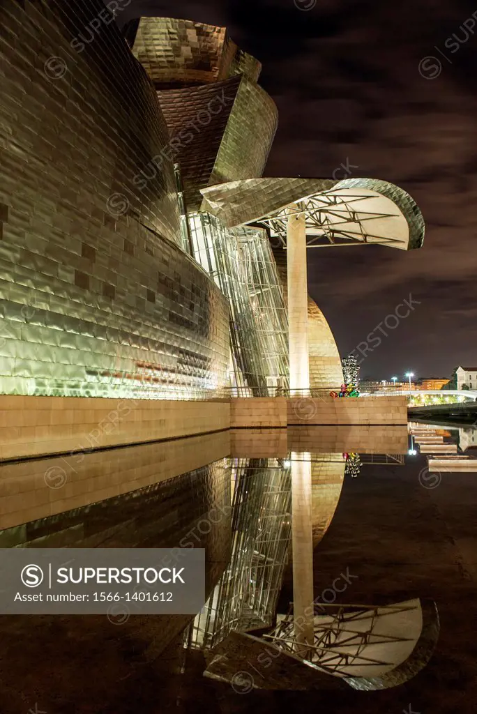 Guggengeim Art Museum of Bilbao by night, Biscay, Basque Country, Spain.