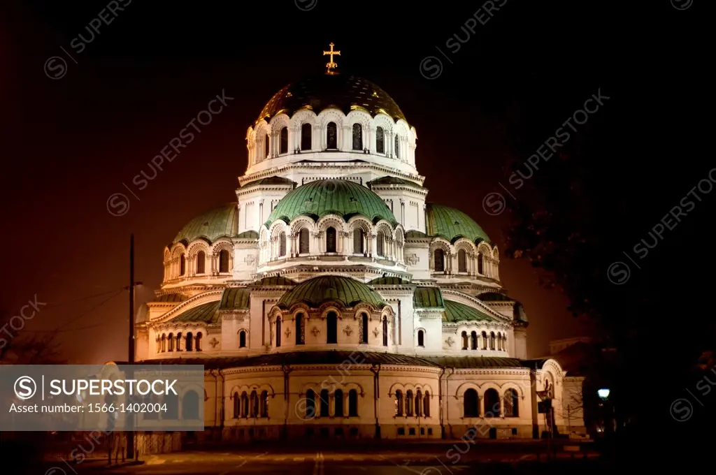 Alexander Nevsky cathedral illuminated at night. Sofia, Bulgaria.