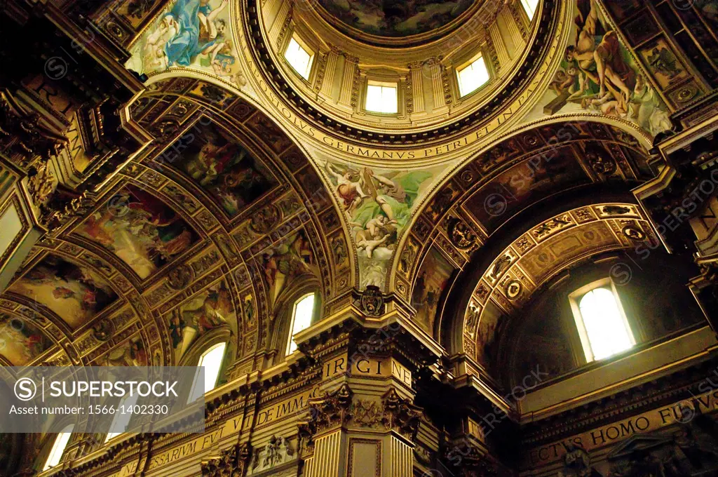 Dome and vaulted ceiling with Baroque paintings, Basilica di S Andrea della Valle, Rome, Italy.