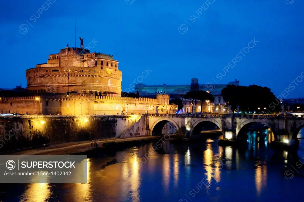 Castel Sant´Angelo or Mausoleum of Hadrian and Bridge Sant´Angelo, Rome, Italy.