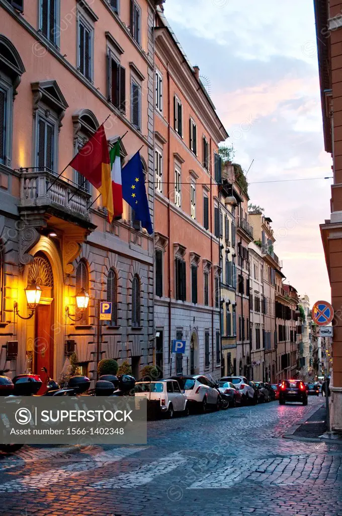 Atmospheric street Via Quattro Fontane in Rione Trevi, Rome, Italy.