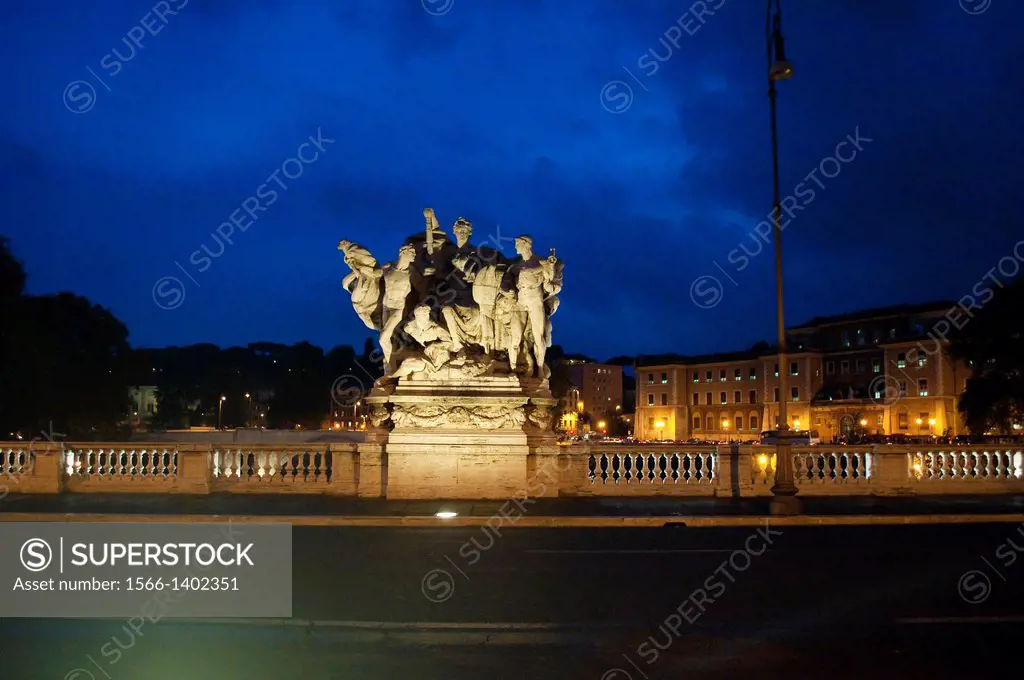 Allegorical travertine sculptural group on Bridge Vittorio Emanuele II, Rome, Italy.