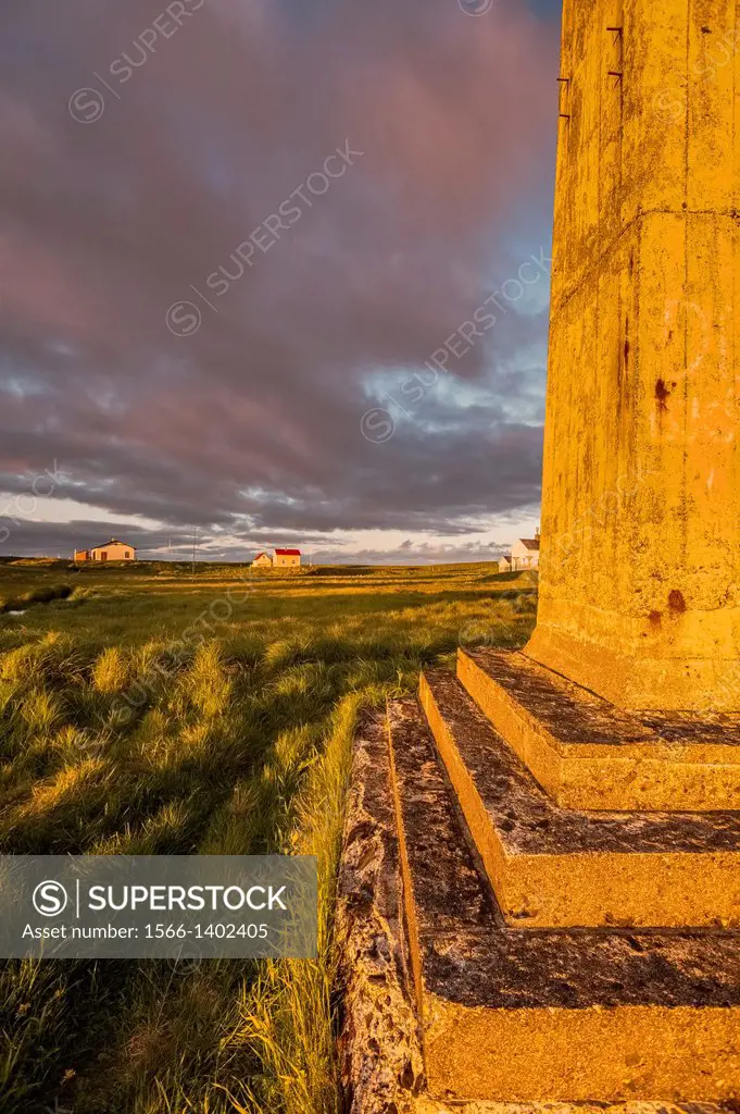 Side of lookout tower at sunset, Flatey Island, Borgarfjordur, Iceland.