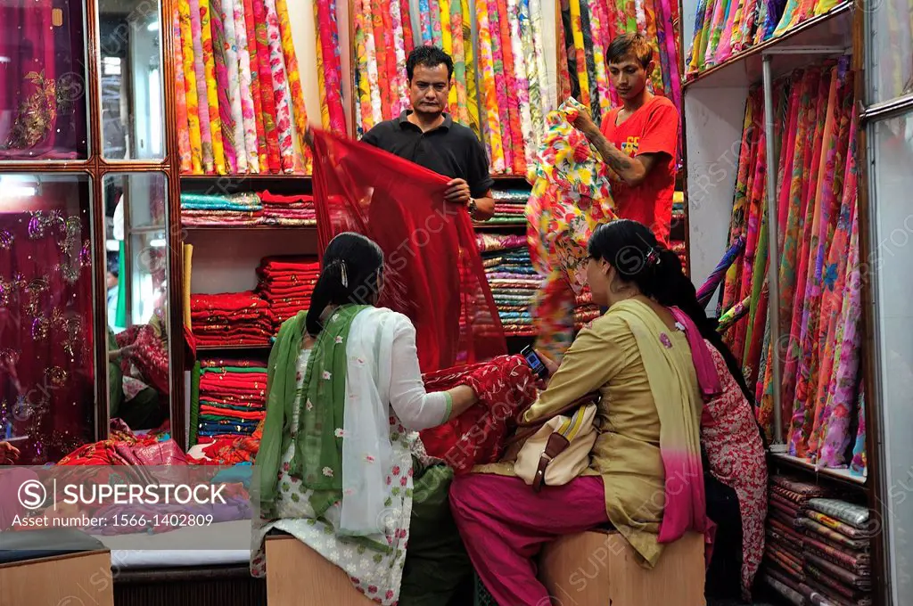 Women shopping at a fabric store, Indra Chowk market, Kathmandu, Nepal
