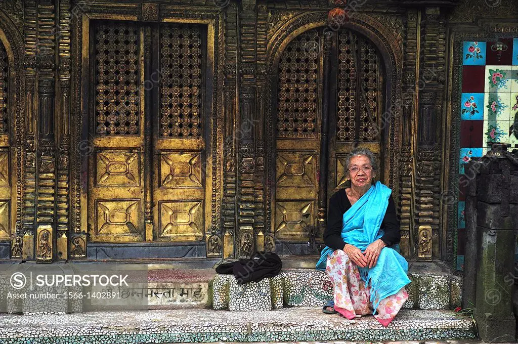 Woman at Changunarayan Hindu temple, Kathmandu Valley, Nepal