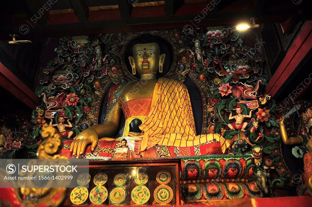 Buddha image on monastery of Tengboche or Thyangboche, the Himalaya range, Khumbu area, Solukhumbu District, Sagarmatha Zone, Nepal