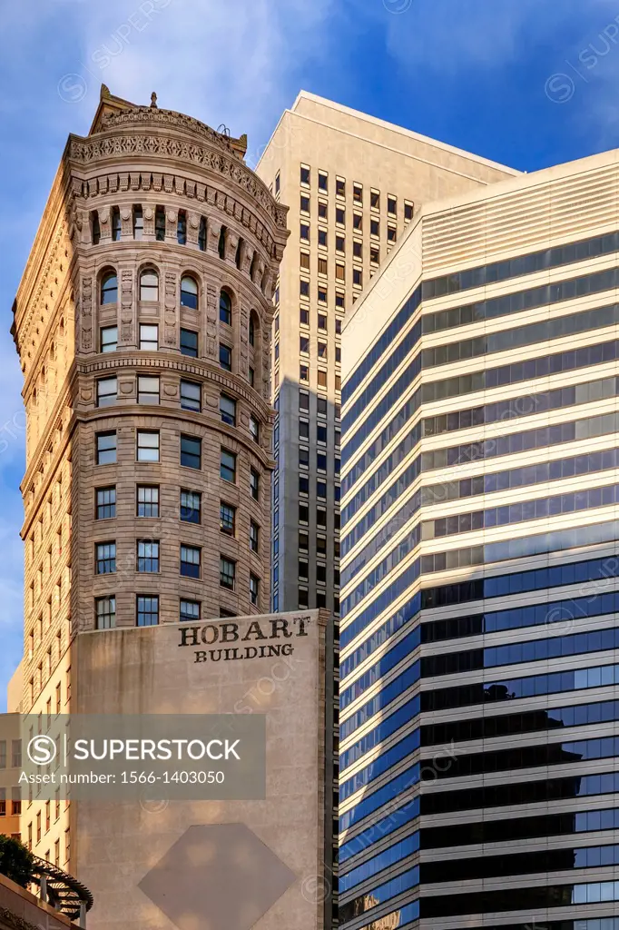 Hobart Building surrounded by contemporary skyscrapers ,Market and Kearny Street,San Francisco,California,USA.