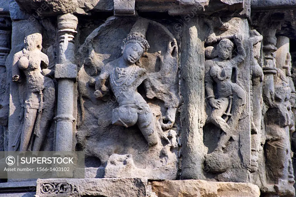 Female figures on the Mandovara or wall. Shiv Mandir, also called Ambreshwar Shiva Temple, Ambarnath, Maharashtra, India.