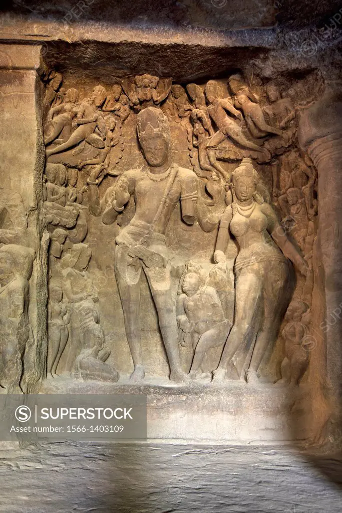 Cave 1 : Elephanta Caves. The Great Cave. Panel of Shiva-Parvati with Gods and attendants. Circa 550 A.D. Maharashtra, India.