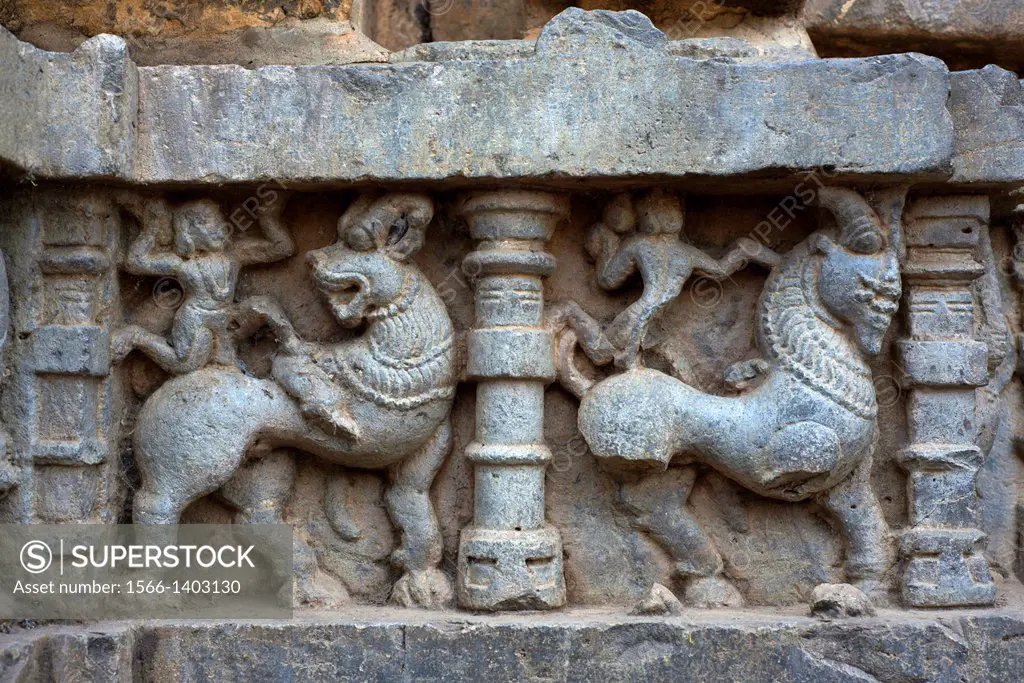 Kopeshwar temple. Stylized animal figure on southern doorway. Khidrapur, Kolhapur, Maharashtra, India.