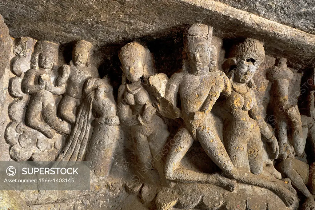 Mandapeshwar rock-cut cave, Mumbai. Dieties on viewer´s upper right paying obisence to Lord Shiva. Borivali, Mumbai, Maharashtra, India.
