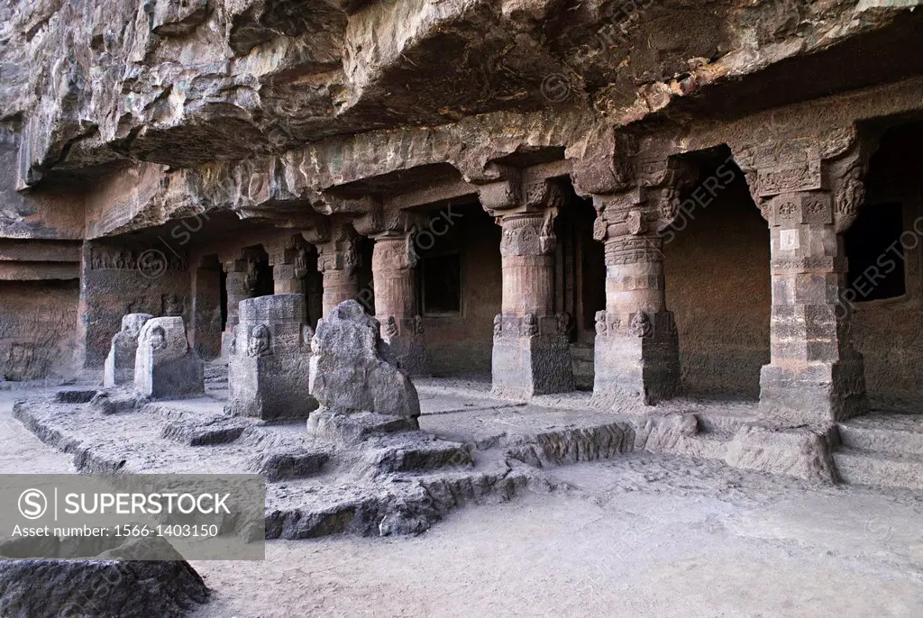 Aurangabad Caves Group 1. General-View of Cave 1 showing pillared porch. Aurangabad, Maharashtra, India