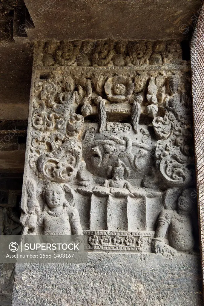 Cave 15, Dashavatara. Detail of pillar shaft with leaf and foliage motif and dwarf figures at the lower portion. Ellora Caves, Aurangabad, Maharashtra...