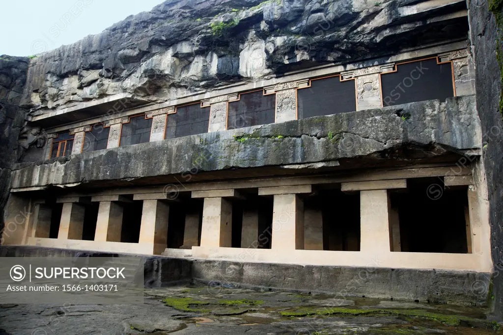 Cave 12, Teen Tal General-View of the facade from South-West. Ellora Caves, Aurangabad, Maharashtra India.