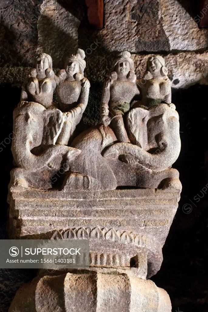 Elephant riders on one of the pillar in the chaitya hall. Circa 2nd. Century A.D. Karla Caves, Dist Pune, Maharashtra, India.