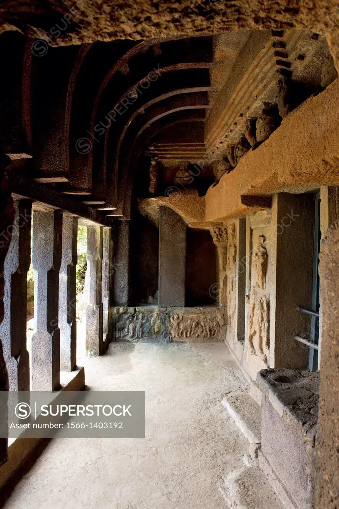 View of the verandah of the Vihara 20. circa 150 B.C. View from South. Bhaja caves, Dist. Pune, Maharashtra, India.