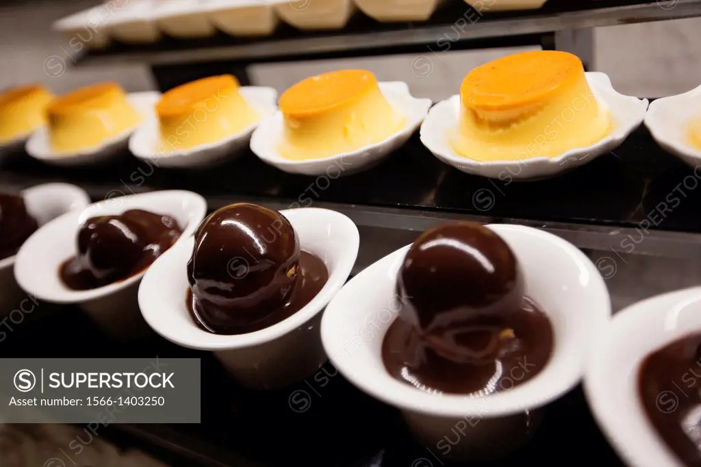 Profiterole and Creme Caramel in pastry shop, Istanbul, Turkey, Europe.