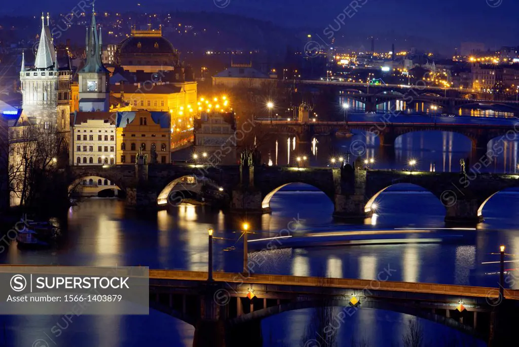 Night views of the various bridges in the city of Prague across the Vltava River.