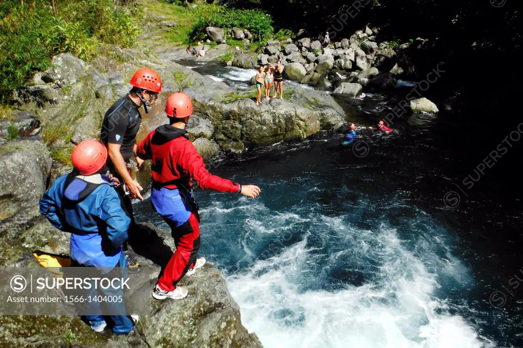Canyoning in Rio Langevin, next to the waterfall of Grand Galet. Reunion Island is one of the greatest havens with which you can find on earth canyoni...