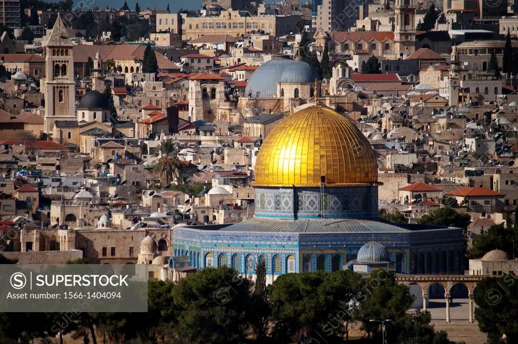 Classical panoramic view over the Dome of the Rock and Holy Sepulchre from Mount of Olives (Jerusalem).